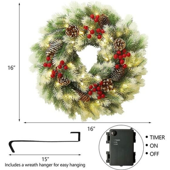 16 Inch Pre-Lit Christmas Wreath with Metal Hanger, Light Up Mountain Fir Pine - Picture 6 of 6